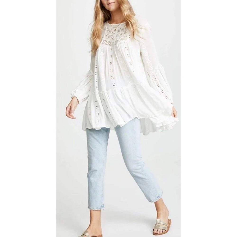 Free People White Embroidered Eyelet Tunic Blouse